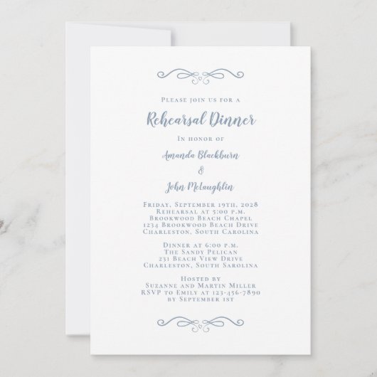 Elegant Dusty Blue Chic Wedding Rehearsal Dinner Kaart (Voorkant)