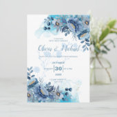 Elegant Dusty Blue Chinoiserie Floral Wedding Kaart (Staand voorkant)
