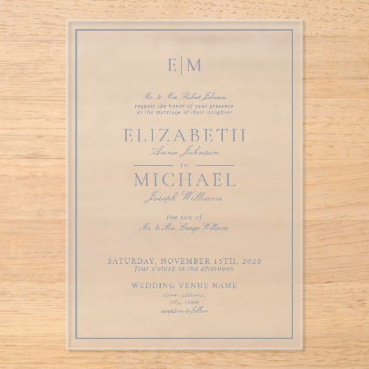 Elegant Dusty Blue Classic Script Monogram Weddens Acryl Uitnodigingen (Voorkant)