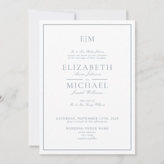 Elegant Dusty Blue Classic Script Monogram Weddens Kaart (Voorkant)