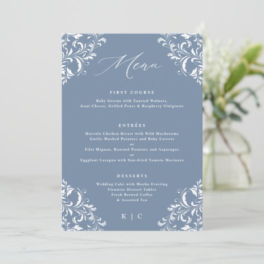 Elegant Dusty Blue Classic Wedding Menu (Staand voorkant)