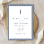 Elegant Dusty Blue Cross Baby Boy Baptism Kaart