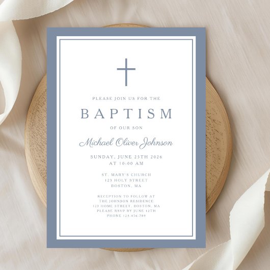Elegant Dusty Blue Cross Baby Boy Baptism Kaart