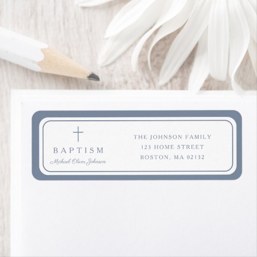 Elegant Dusty Blue Cross Boy Baptism Address Etiket (Insitu)