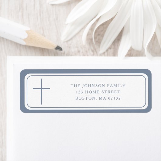 Elegant Dusty Blue Cross Boy Baptism Address  Etiket (Insitu)