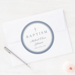 Elegant Dusty Blue Cross Boy Baptism  Ronde Sticker
