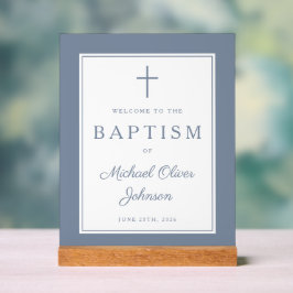 Elegant Dusty Blue Cross Boy Baptism Welcome Acryl Bord