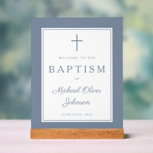 Elegant Dusty Blue Cross Boy Baptism Welcome Acryl Bord (Neutraal)