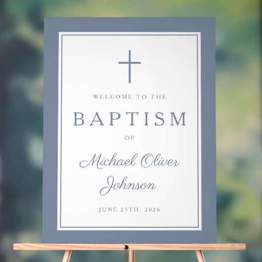 Elegant Dusty Blue Cross Boy Baptism Welcome Acryl Bord (Neutraal)