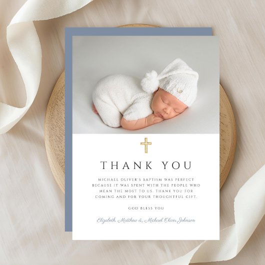 Elegant Dusty Blue Cross Boy Doop Foto Bedankkaart