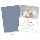 Elegant Dusty Blue Cross Boy Doop Foto Bedankkaart