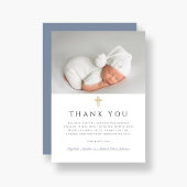 Elegant Dusty Blue Cross Boy Doop Foto Bedankkaart