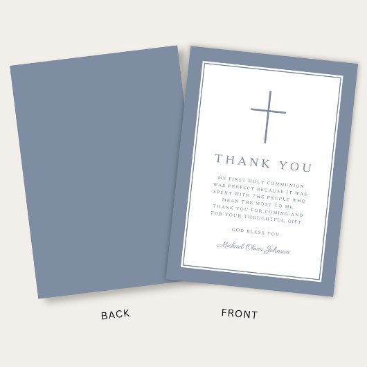 Elegant Dusty Blue Cross Boy First Communion Bedankkaart