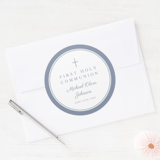Elegant Dusty Blue Cross Boy First Communion  Ronde Sticker (Envelop)