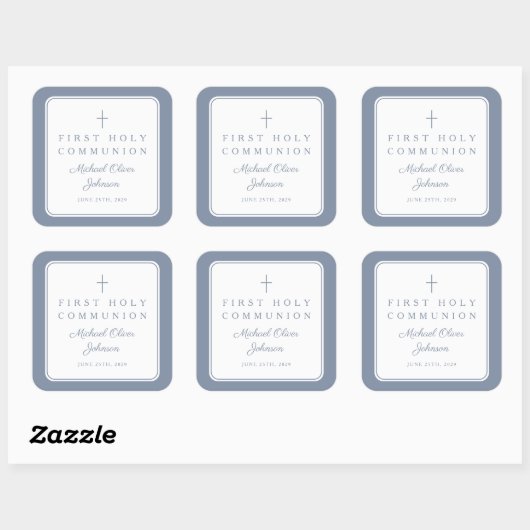 Elegant Dusty Blue Cross Boy First Communion  Vierkante Sticker (Vel)