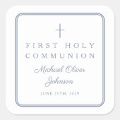 Elegant Dusty Blue Cross Boy First Communion  Vierkante Sticker (Voorkant)