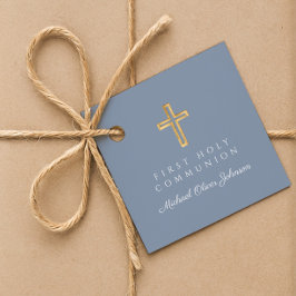 Elegant Dusty Blue Cross Boy First Community Bedankjes Labels