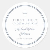Elegant Dusty Blue Cross Boy First Holy Communion  Ronde Sticker (Voorkant)