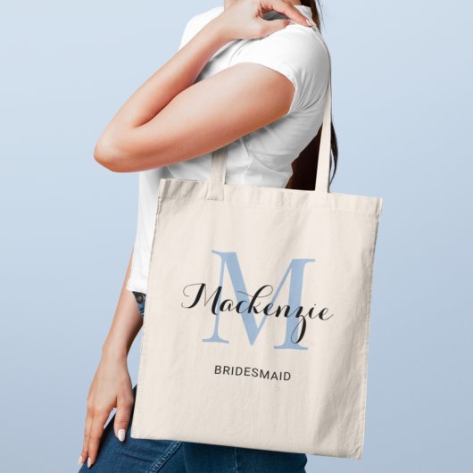 Elegant Dusty Blue Custom Wedding Bridesmaid Name Tote Bag
