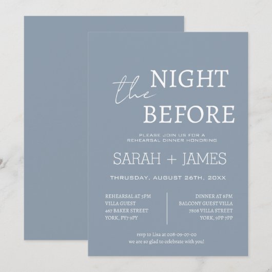 Elegant Dusty Blue de nacht voor het diner bruilof Kaart (Voorkant / Achterkant)