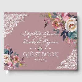 Elegant Dusty Blue Dusty Roos Flowers Wedding Gastenboek