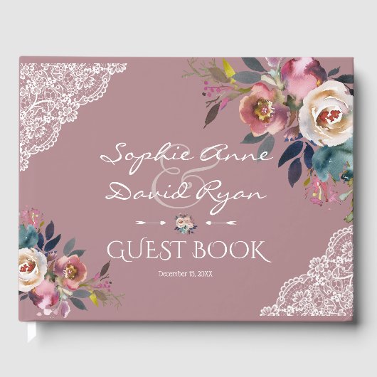 Elegant Dusty Blue Dusty Roos Flowers Wedding Gastenboek (Voorkant)