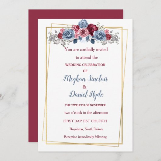 Elegant Dusty Blue en Burgundy Wedding Kaart (Voorkant / Achterkant)