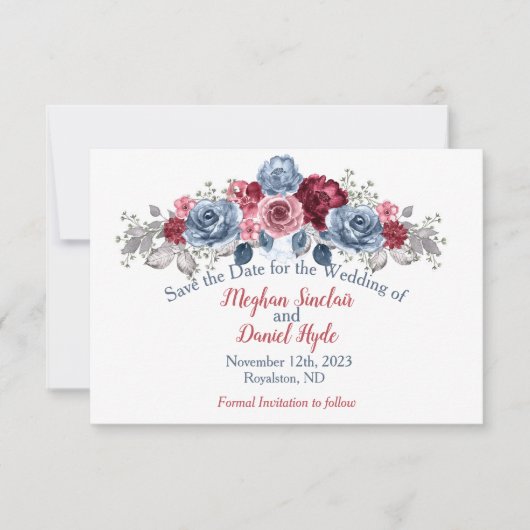Elegant Dusty Blue en Burgundy Wedding Save The Date (Voorkant)