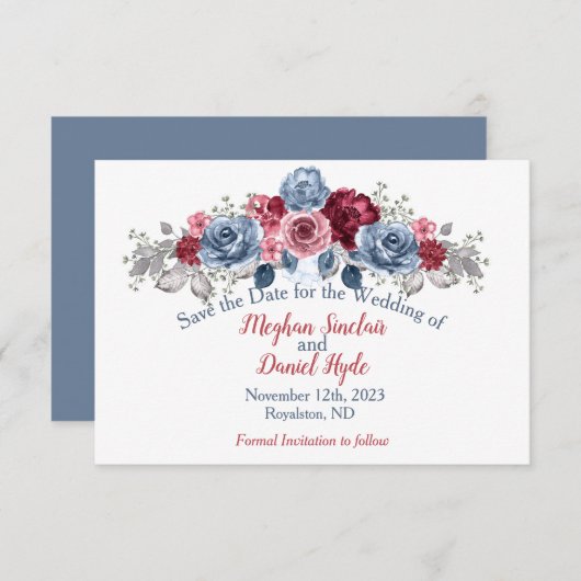 Elegant Dusty Blue en Burgundy Wedding Save The Date (Voorkant / Achterkant)