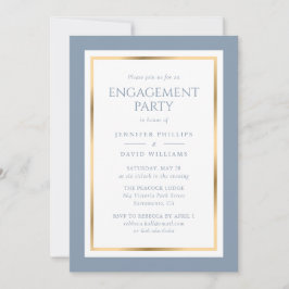 Elegant Dusty Blue en Gold Engagement Party Kaart