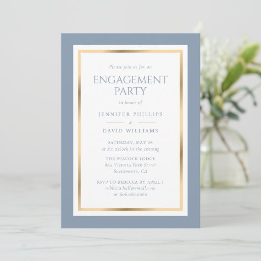 Elegant Dusty Blue en Gold Engagement Party Kaart (Staand voorkant)