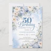 Elegant Dusty Blue en Ivory Flowers 50e verjaardag Kaart (Voorkant)
