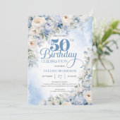 Elegant Dusty Blue en Ivory Flowers 50e verjaardag Kaart (Staand voorkant)