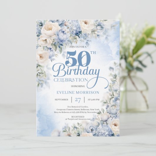 Elegant Dusty Blue en Ivory Flowers 50e verjaardag Kaart (Staand voorkant)