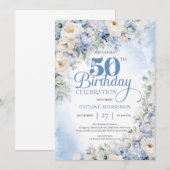 Elegant Dusty Blue en Ivory Flowers 50e verjaardag Kaart (Voorkant / Achterkant)