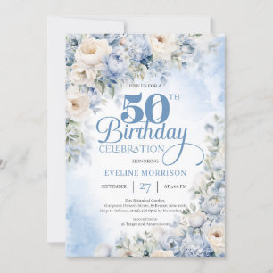 Elegant Dusty Blue en Ivory Flowers 50e verjaardag Kaart