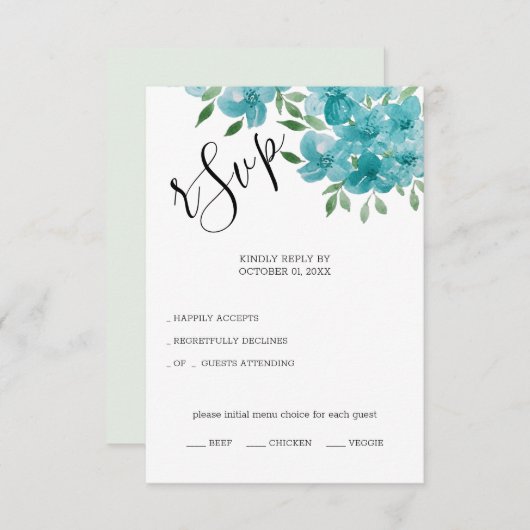Elegant Dusty Blue en Mint Floral Waterverf Art RSVP Kaartje (Voorkant / Achterkant)