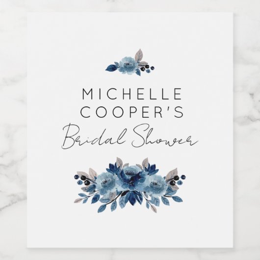 Elegant Dusty Blue en Navy Floral Wijn Etiket (Enkel label)