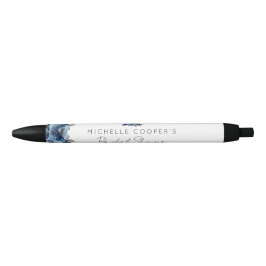 Elegant Dusty Blue en Navy Floral Zwarte Inkt Pen (Voorkant)