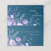 Elegant Dusty Blue en Paarse Floral Wedding Plaatskaartje (Buitenkant ongevouwen)