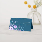 Elegant Dusty Blue en Paarse Floral Wedding Plaatskaartje (Voorkant)