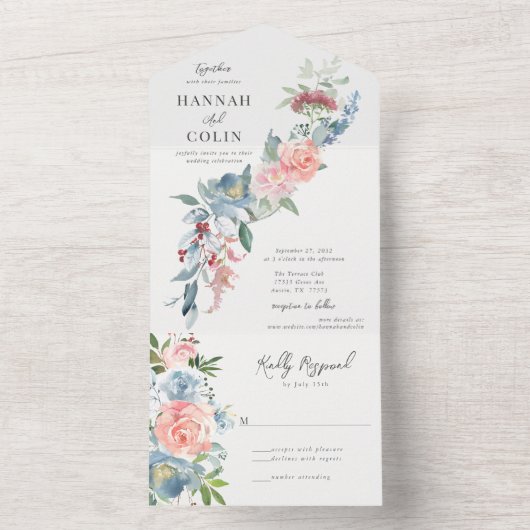 Elegant Dusty Blue en Roos Floral Swag All In One Uitnodiging (Binnen)