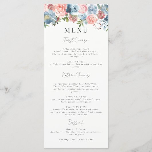 Elegant Dusty Blue en Roos Floral Swag Menu (Voorkant)