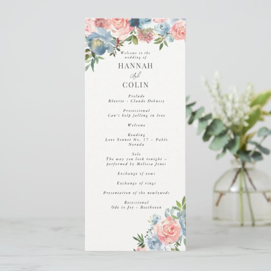 Elegant Dusty Blue en Roos Floral Swag Programmakaart (Staand voorkant)