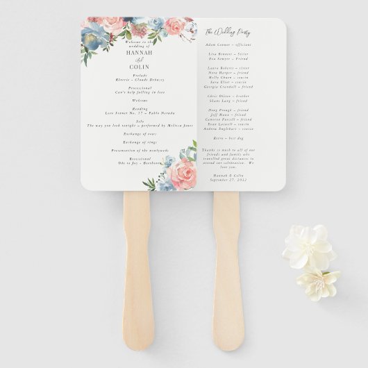 Elegant Dusty Blue en Roos Floral Swag Programme Handwaaier (Voorkant en achterkant)