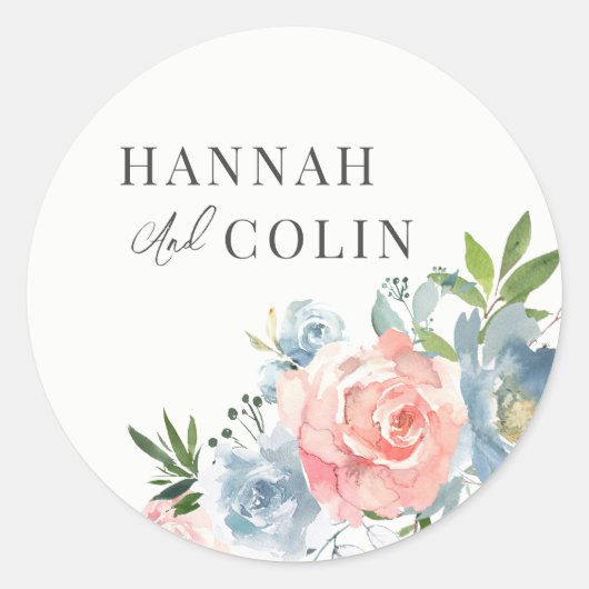 Elegant Dusty Blue en Roos Floral Swag Ronde Sticker (Voorkant)