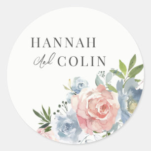 Elegant Dusty Blue en Roos Floral Swag Ronde Sticker