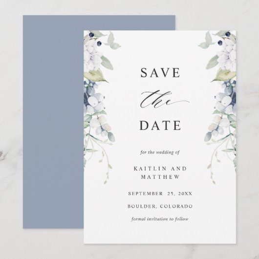 Elegant Dusty Blue en White Floral Wedding Save The Date (Voorkant / Achterkant)