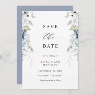 Elegant Dusty Blue en White Floral Wedding Save The Date