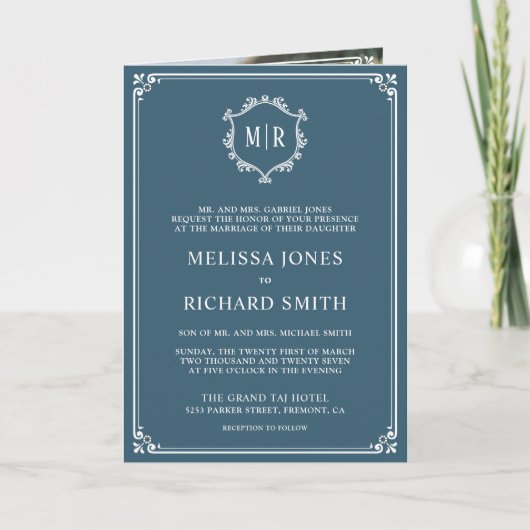 Elegant Dusty Blue en White Monogram Wedding (Voorkant)